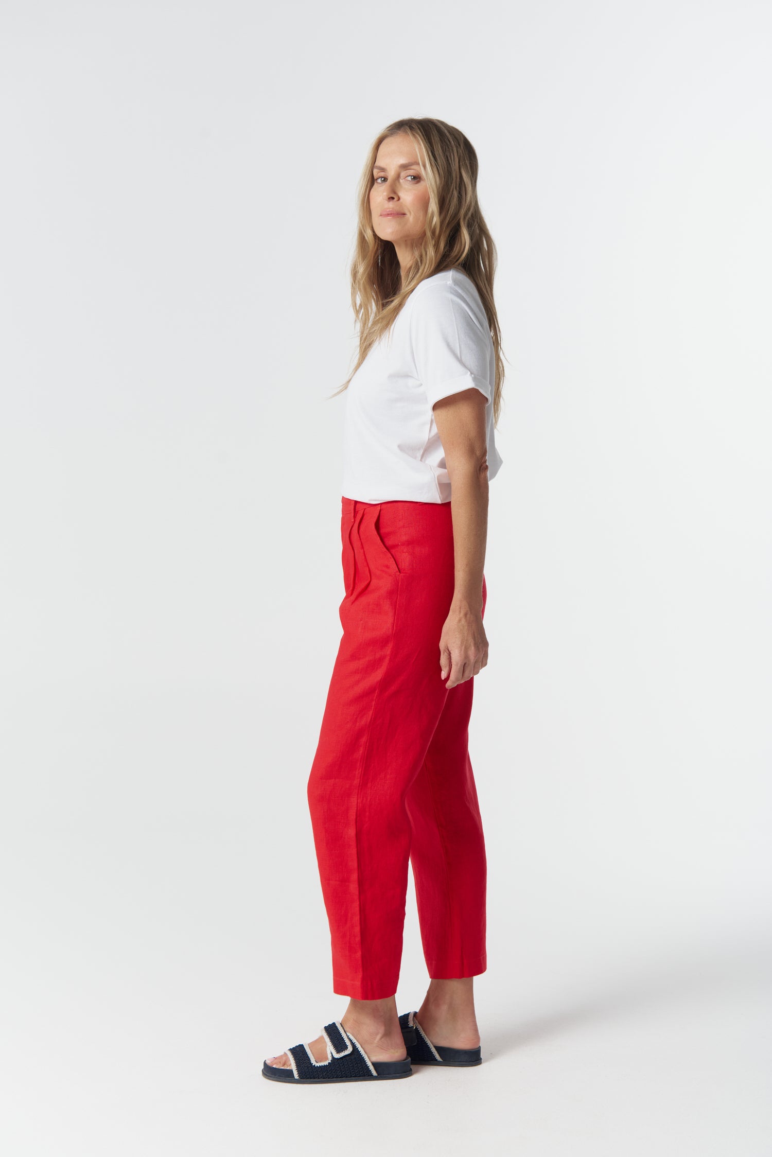 Staple Tailored Linen Pant - Poinsettia by Goondiwindi Cotton. Timeless women’s fashion using natural fibres and classic shapes
