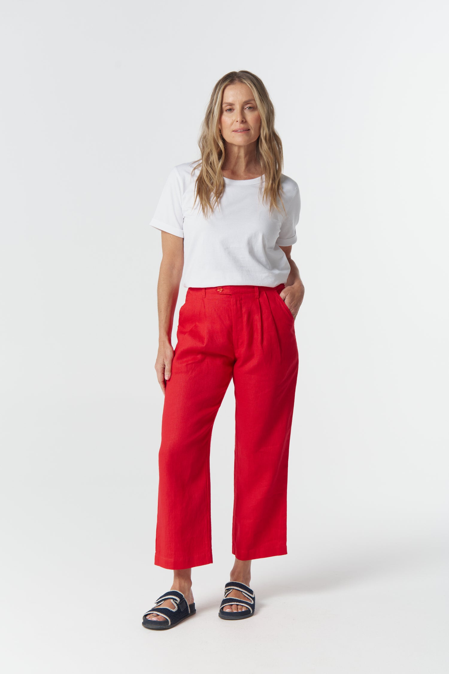 Staple Tailored Linen Pant - Poinsettia by Goondiwindi Cotton. Timeless women’s fashion using natural fibres and classic shapes