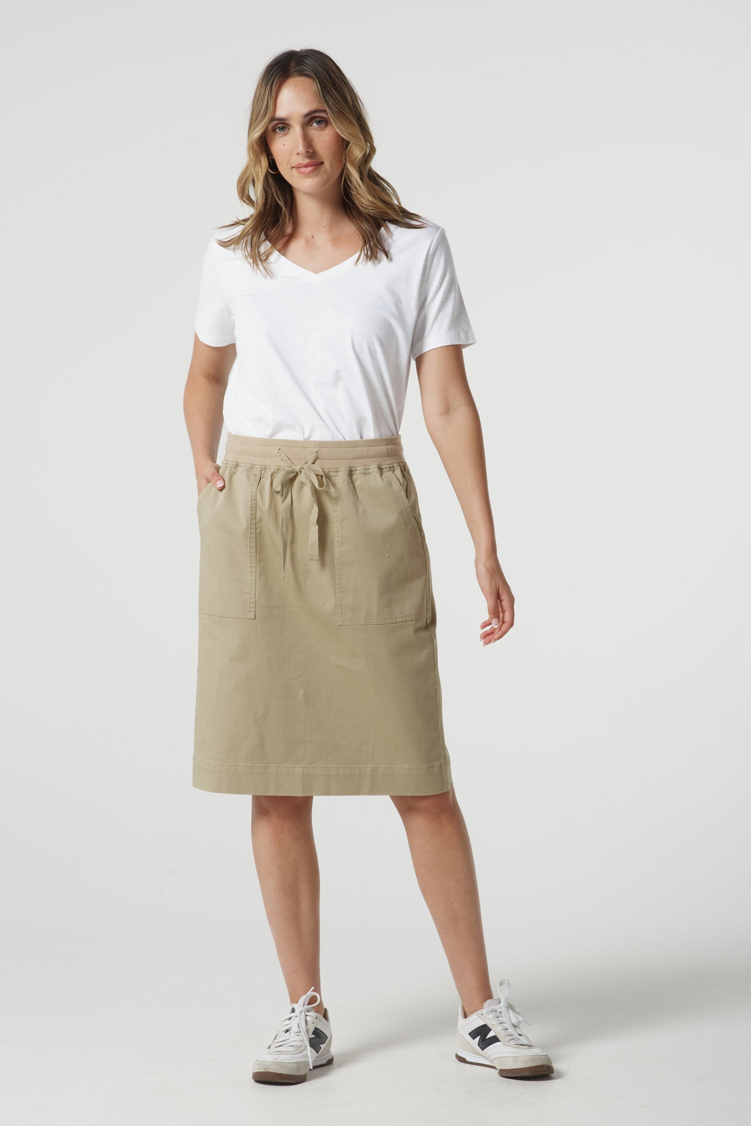 Weekend Cotton Stretch Knee Length Skirt - Beige by Goondiwindi Cotton. Timeless women’s fashion using natural fibres and classic shapes