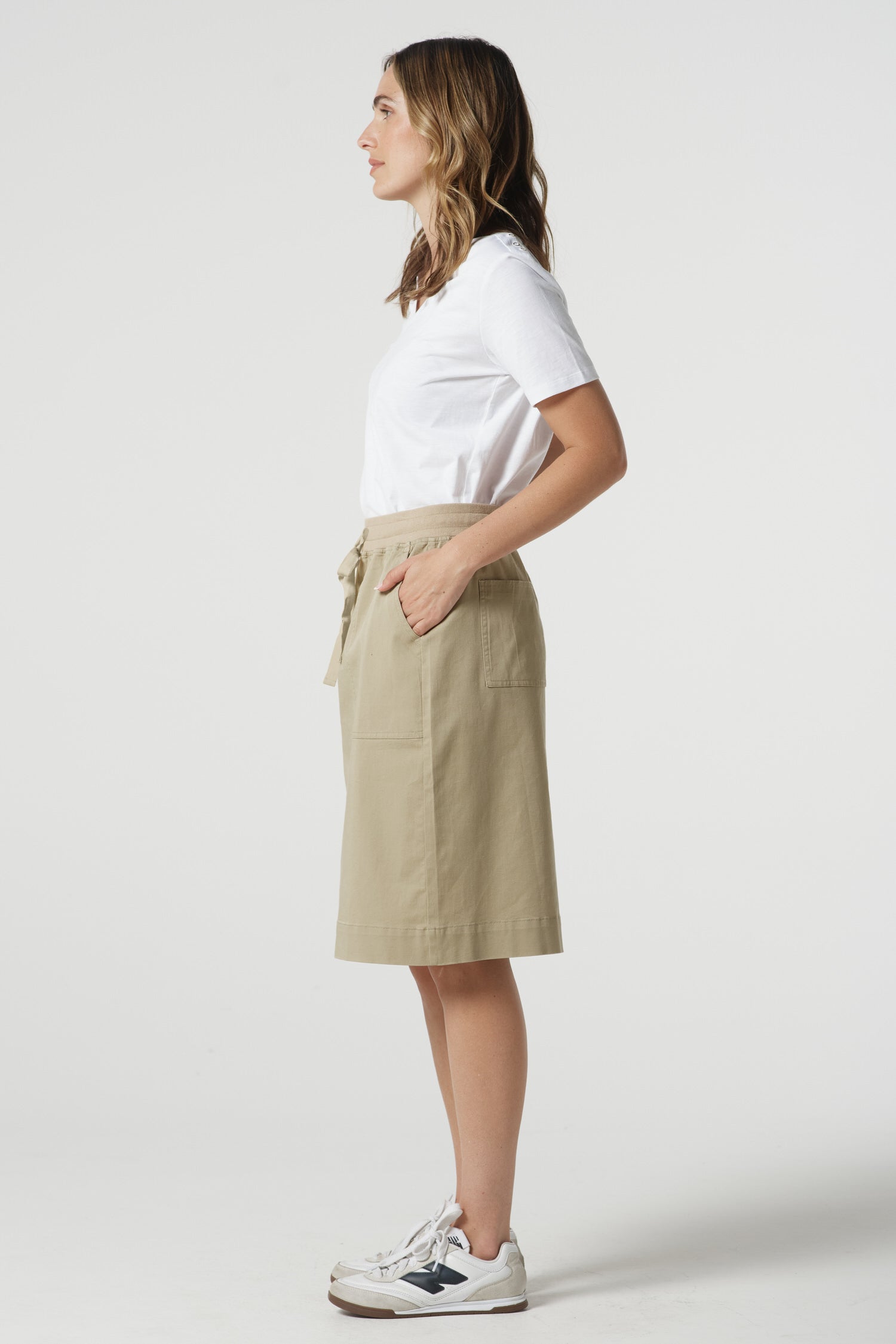Weekend Cotton Stretch Knee Length Skirt - Beige by Goondiwindi Cotton. Timeless women’s fashion using natural fibres and classic shapes