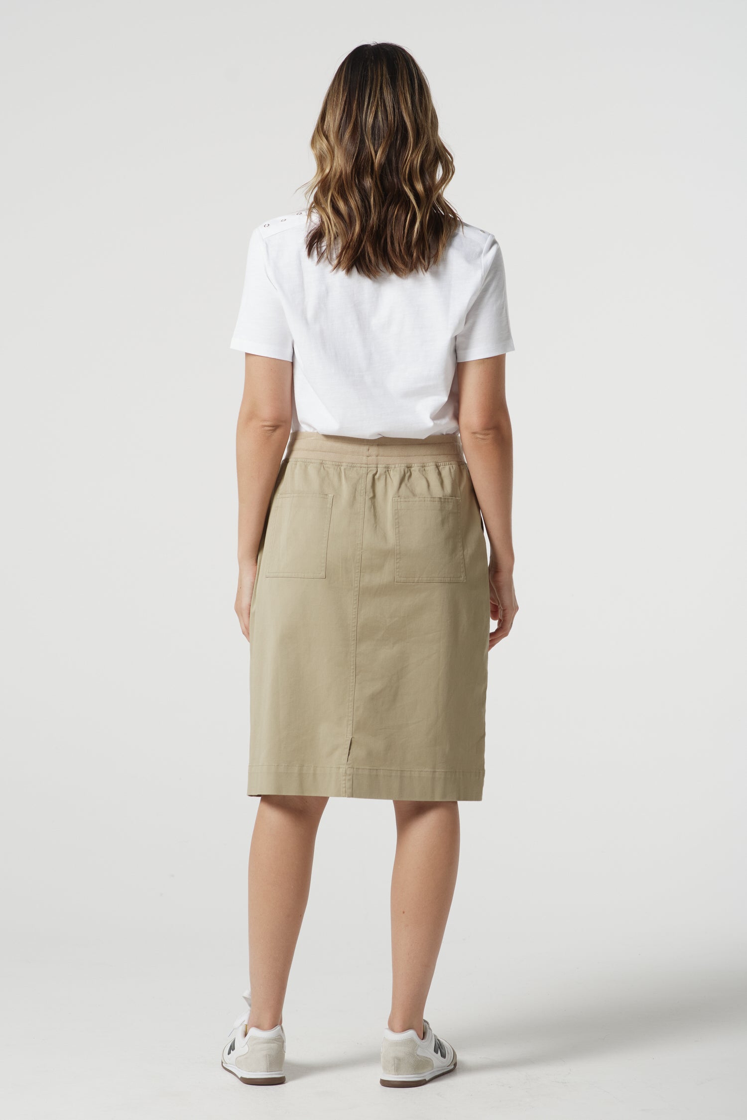 Weekend Cotton Stretch Knee Length Skirt - Beige by Goondiwindi Cotton. Timeless women’s fashion using natural fibres and classic shapes