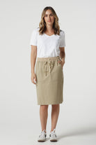 Weekend Cotton Stretch Knee Length Skirt - Beige by Goondiwindi Cotton. Timeless women’s fashion using natural fibres and classic shapes