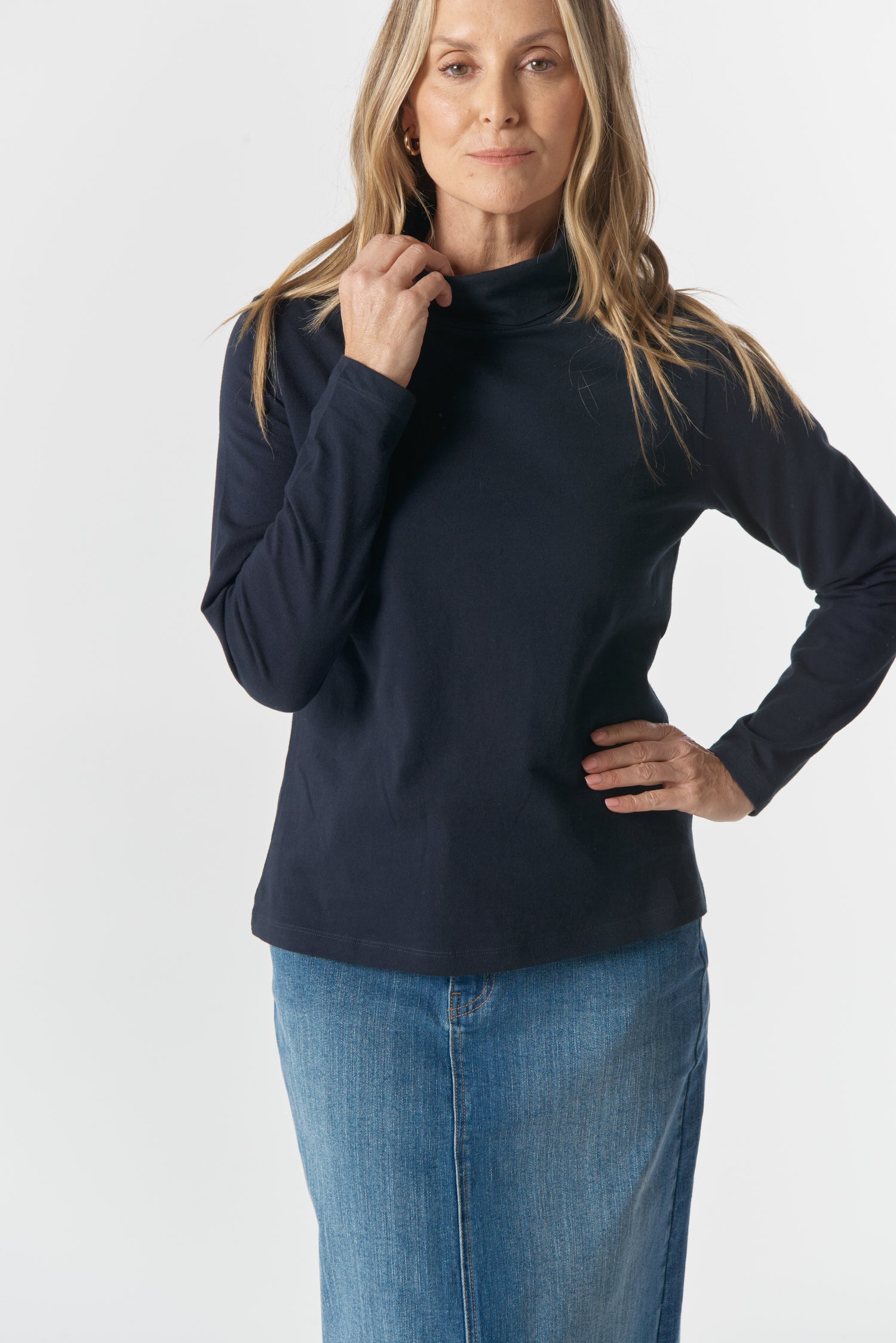 The Traditional Cotton Skivvy - Dark Navy by Goondiwindi Cotton. Timeless women’s fashion using natural fibres and classic shapes