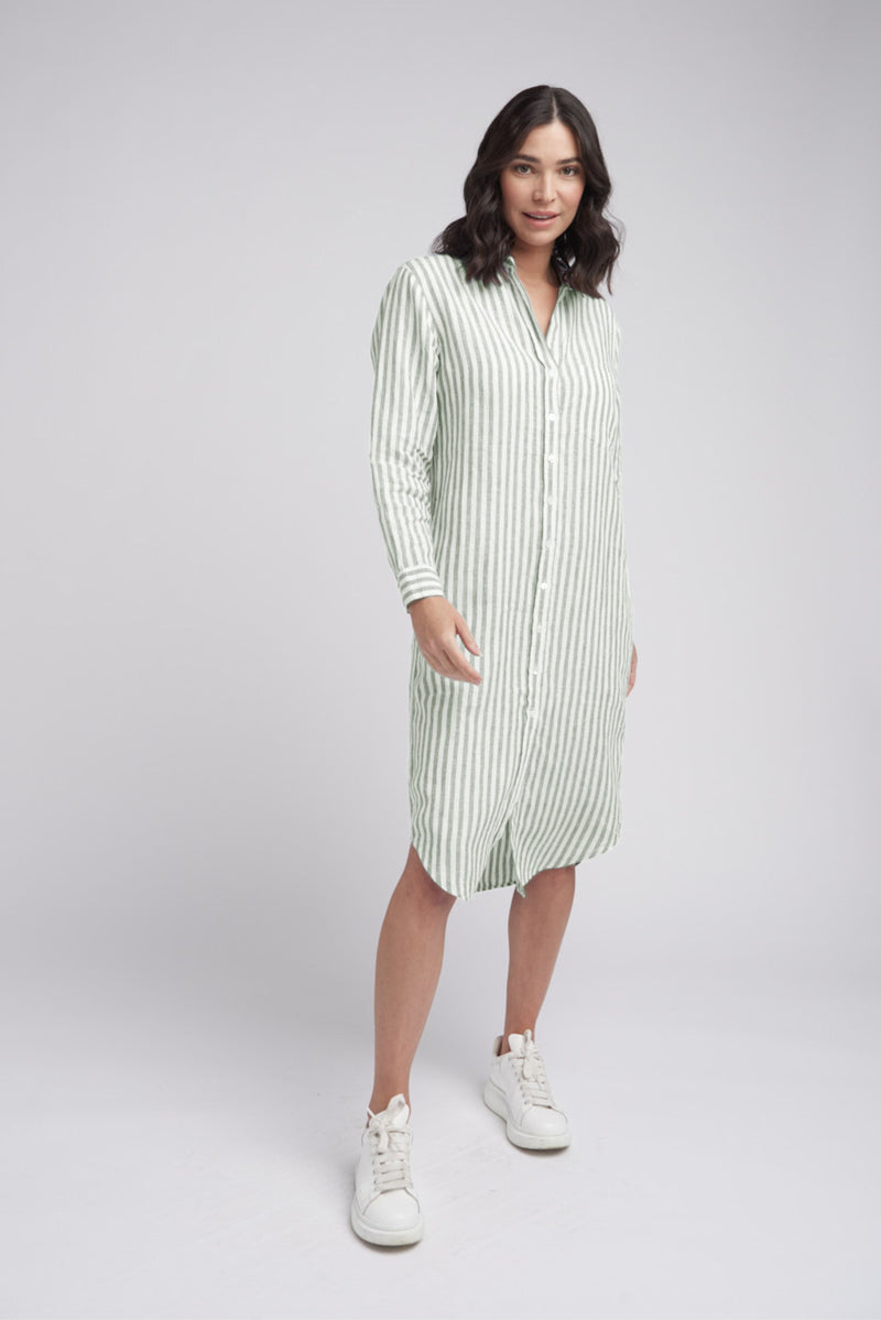 Shirt Maker Stripe Linen Dress Pistachio/White