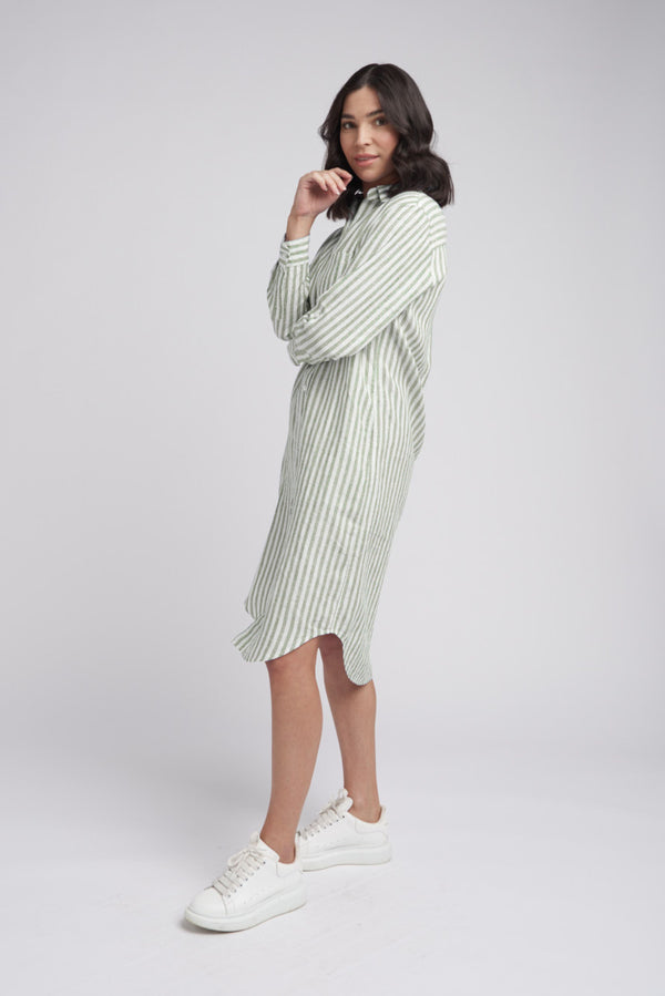 Shirt Maker Stripe Linen Dress Pistachio/White