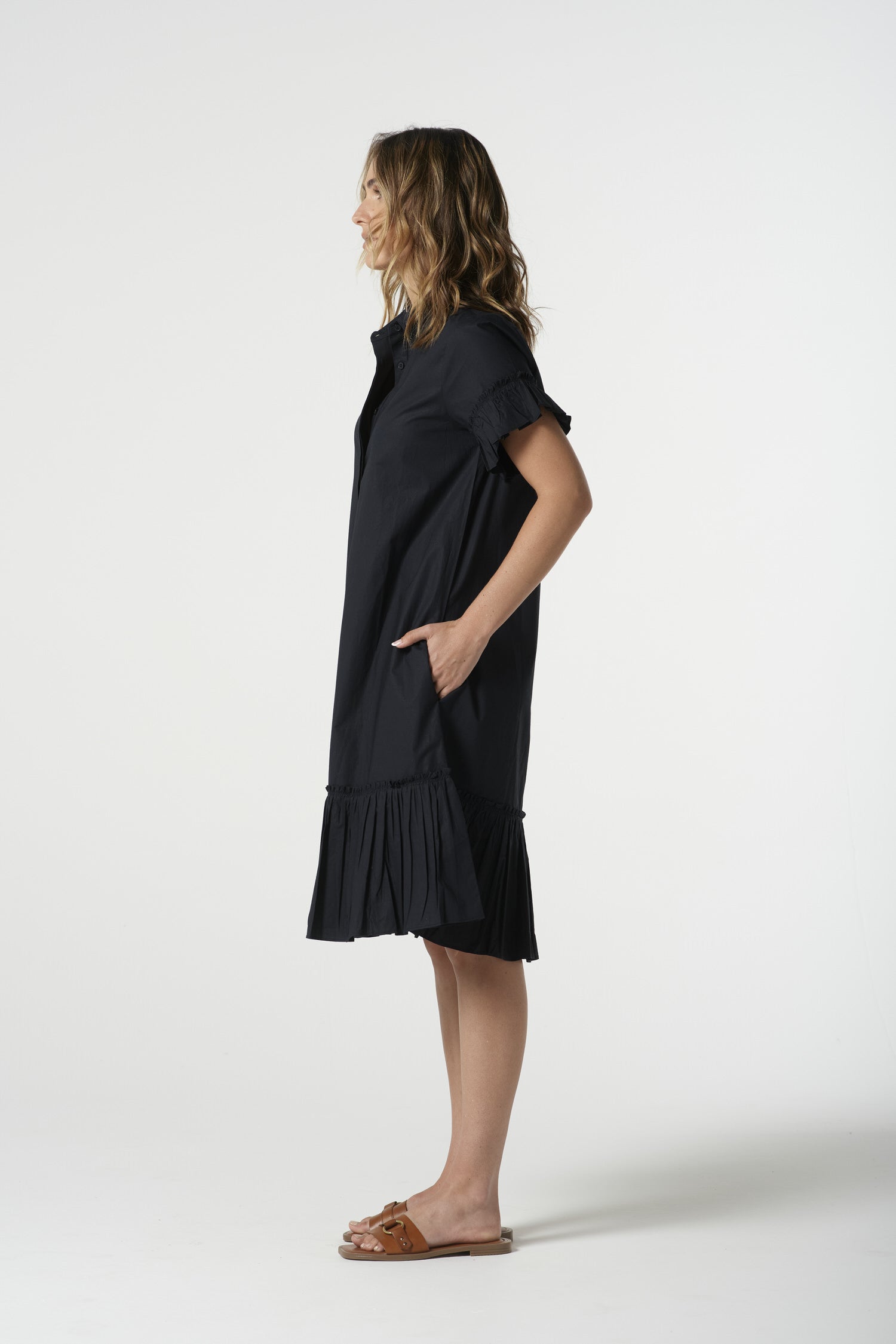 Coast Cotton Ruffle Midi Dress - Dark Navy by Goondiwindi Cotton. Timeless women’s fashion using natural fibres and classic shapes