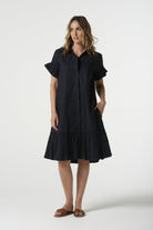 Coast Cotton Ruffle Midi Dress - Dark Navy by Goondiwindi Cotton. Timeless women’s fashion using natural fibres and classic shapes
