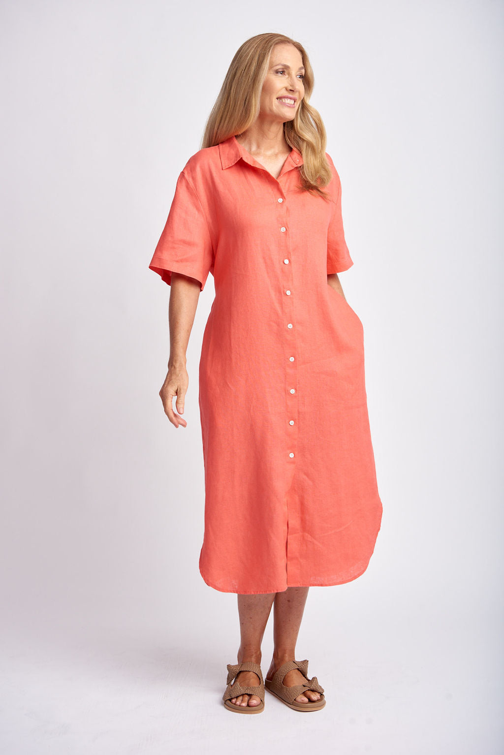 Short Sleeve Linen Shirt Dress With Belt Coral Goondiwindi Cotton