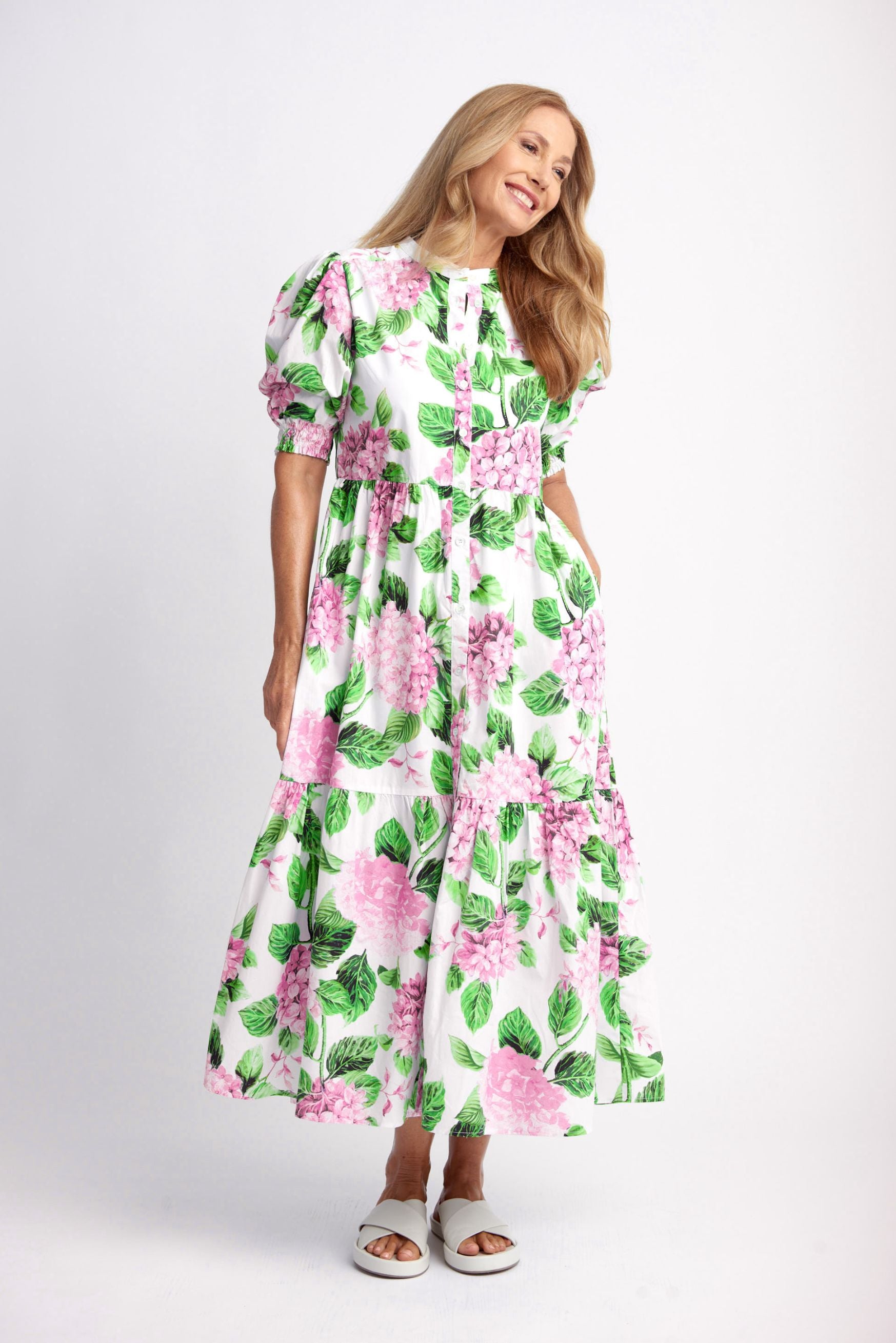 Puff Sleeve Button Through Cotton Dress Pink Hydrangea Print Goondiwindi Cotton