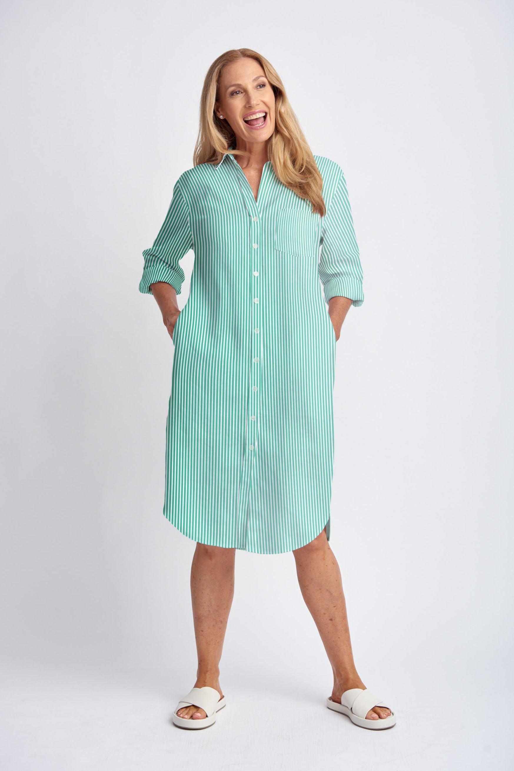 Green striped shirt dress deals