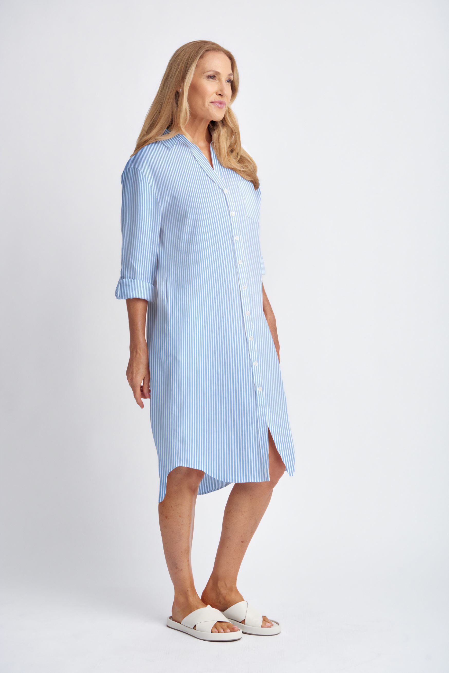 3 4 Sleeve Fine Stripe Cotton Shirt Dress Pale Blue White Goondiwindi Cotton