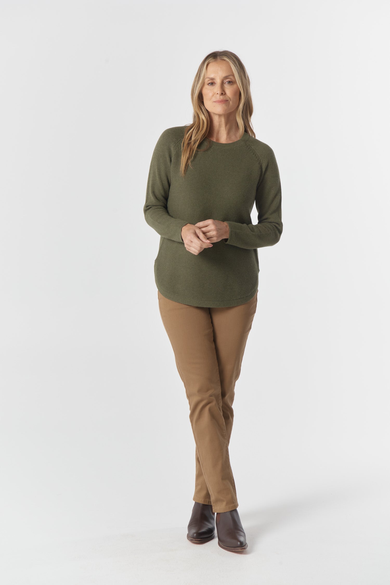 Goondiwindi Cotton Knitwear The Classic Crew Neck Raglan Jumper - Covert Green