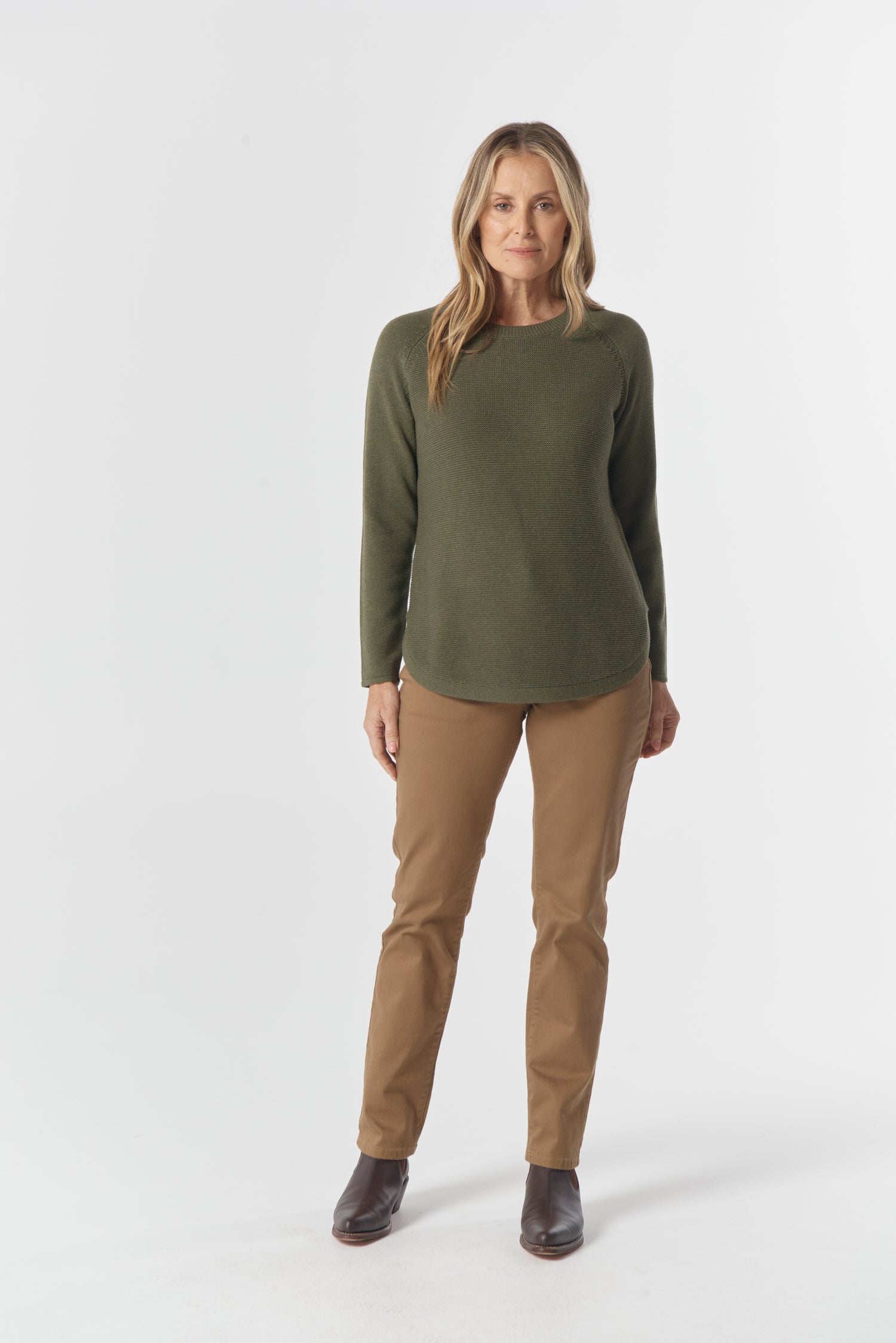 Goondiwindi Cotton Knitwear The Classic Crew Neck Raglan Jumper - Covert Green