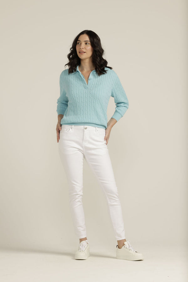 Cotton 3/4 Sleeve Cable Collared Knit Aqua