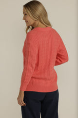 Cotton 3/4 Sleeve Cable Collared Knit Watermelon
