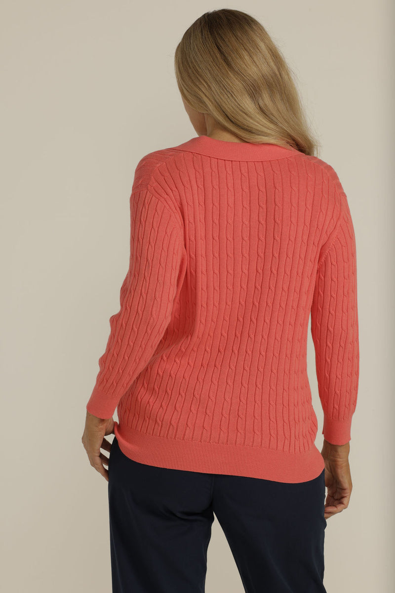 Cotton 3/4 Sleeve Cable Collared Knit Watermelon