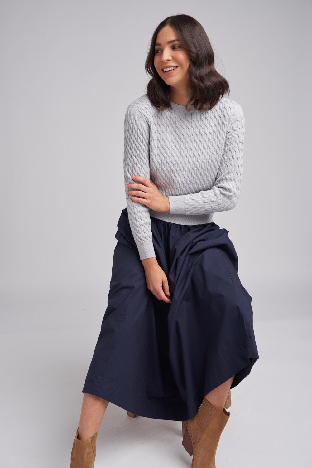 Goondiwindi Cotton Knitwear Classic Cable Crew Neck Jumper Grey Shimmer