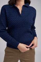 Classic Cable Polo Neck Jumper Bright Navy