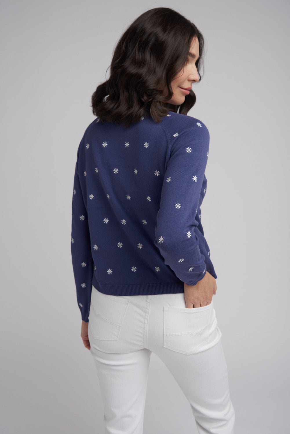 Goondiwindi Cotton Knitwear Daisy Embroidered Cotton Jumper Navy/Winter White