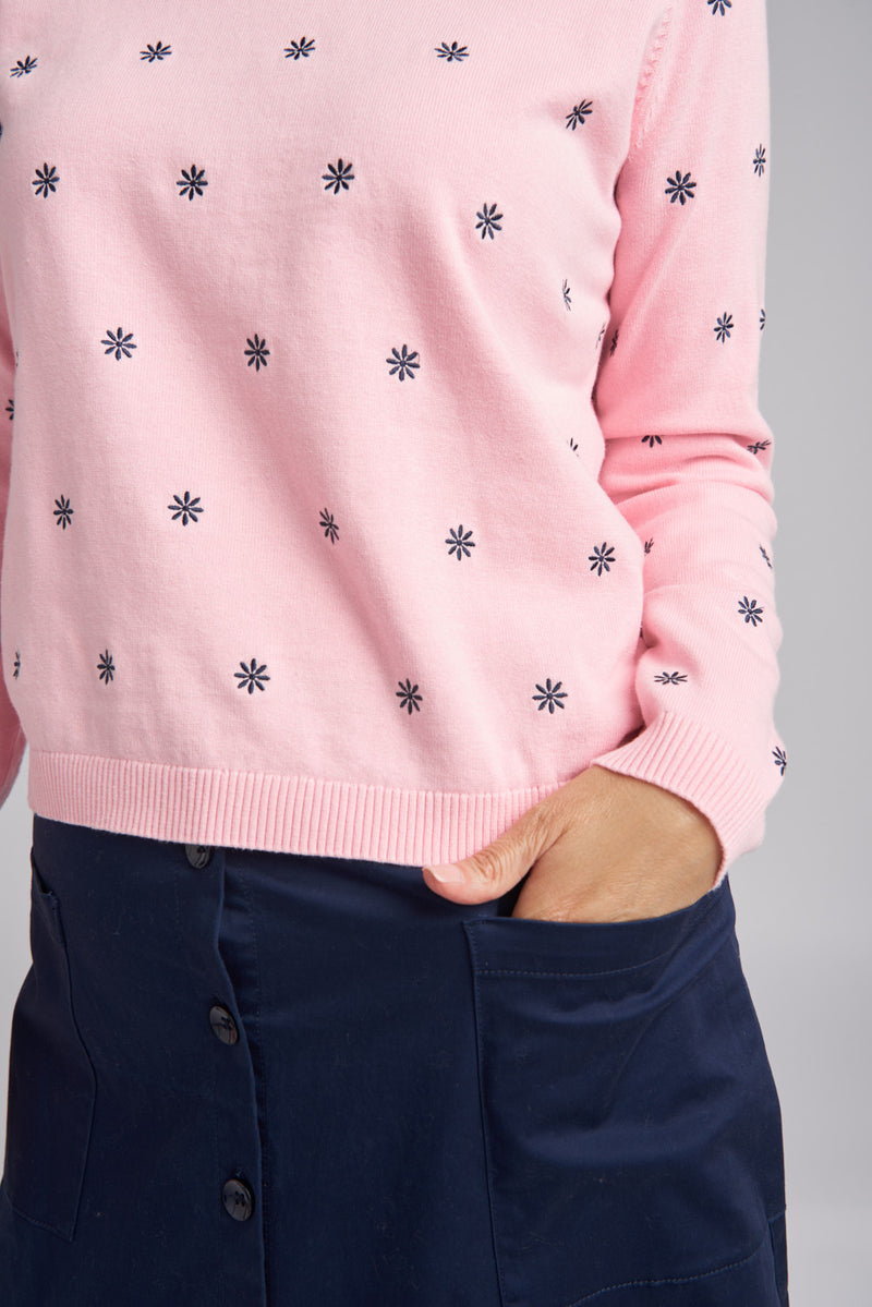 Daisy Embroidered Cotton Jumper Pale Pink/Blue