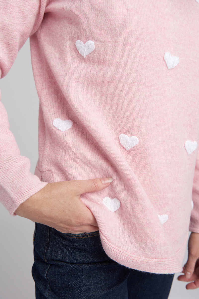 Love Hearts Embroidered Knit Jumper Rose Petal/White
