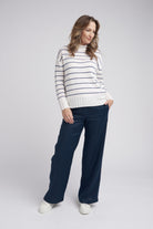 Goondiwindi Cotton Knitwear Turtle Neck Stripe Knit Jumper - Snowflake/Marine