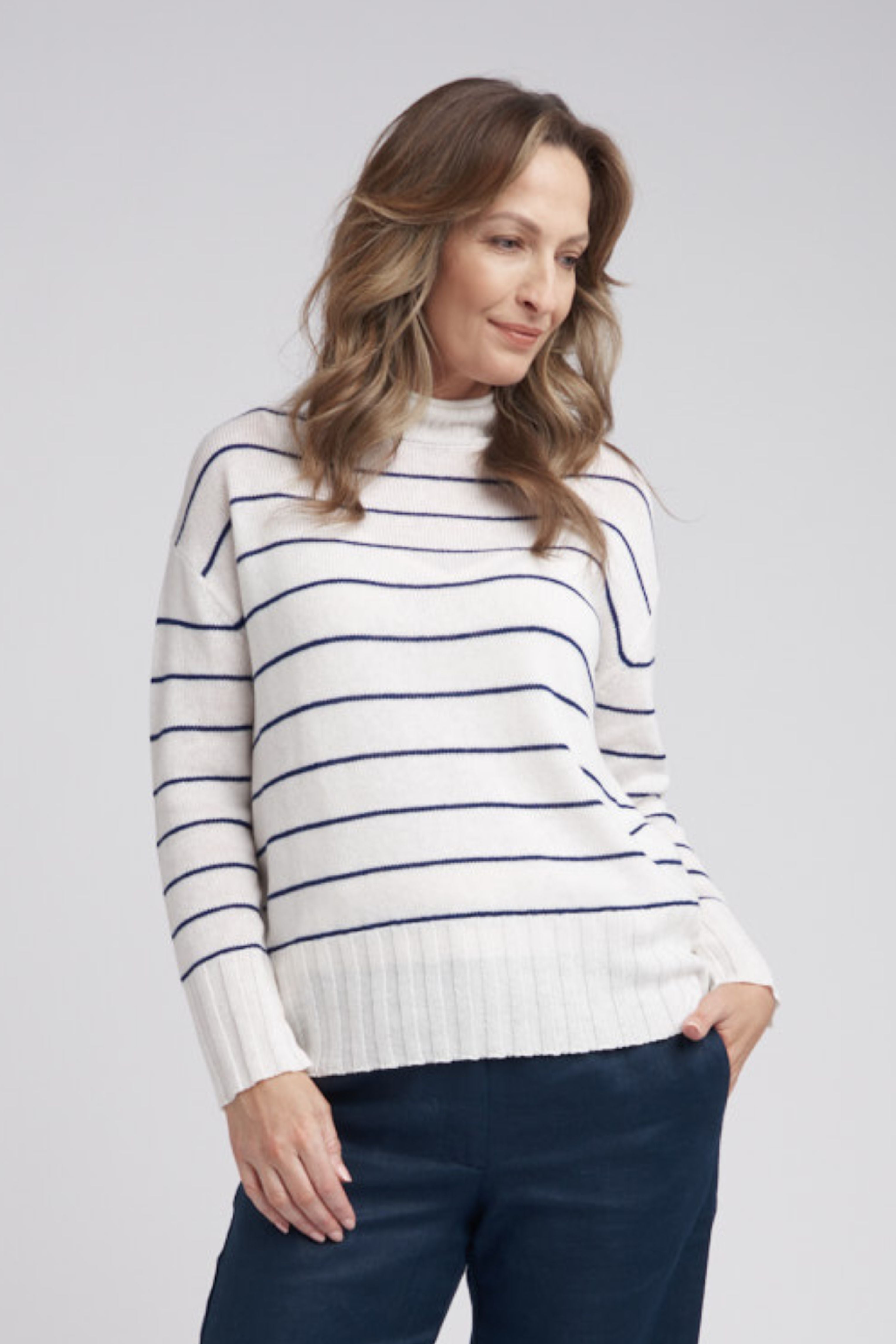 Goondiwindi Cotton Knitwear Turtle Neck Stripe Knit Jumper - Snowflake/Marine