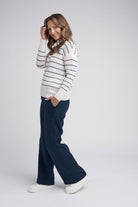 Goondiwindi Cotton Knitwear Turtle Neck Stripe Knit Jumper - Snowflake/Marine