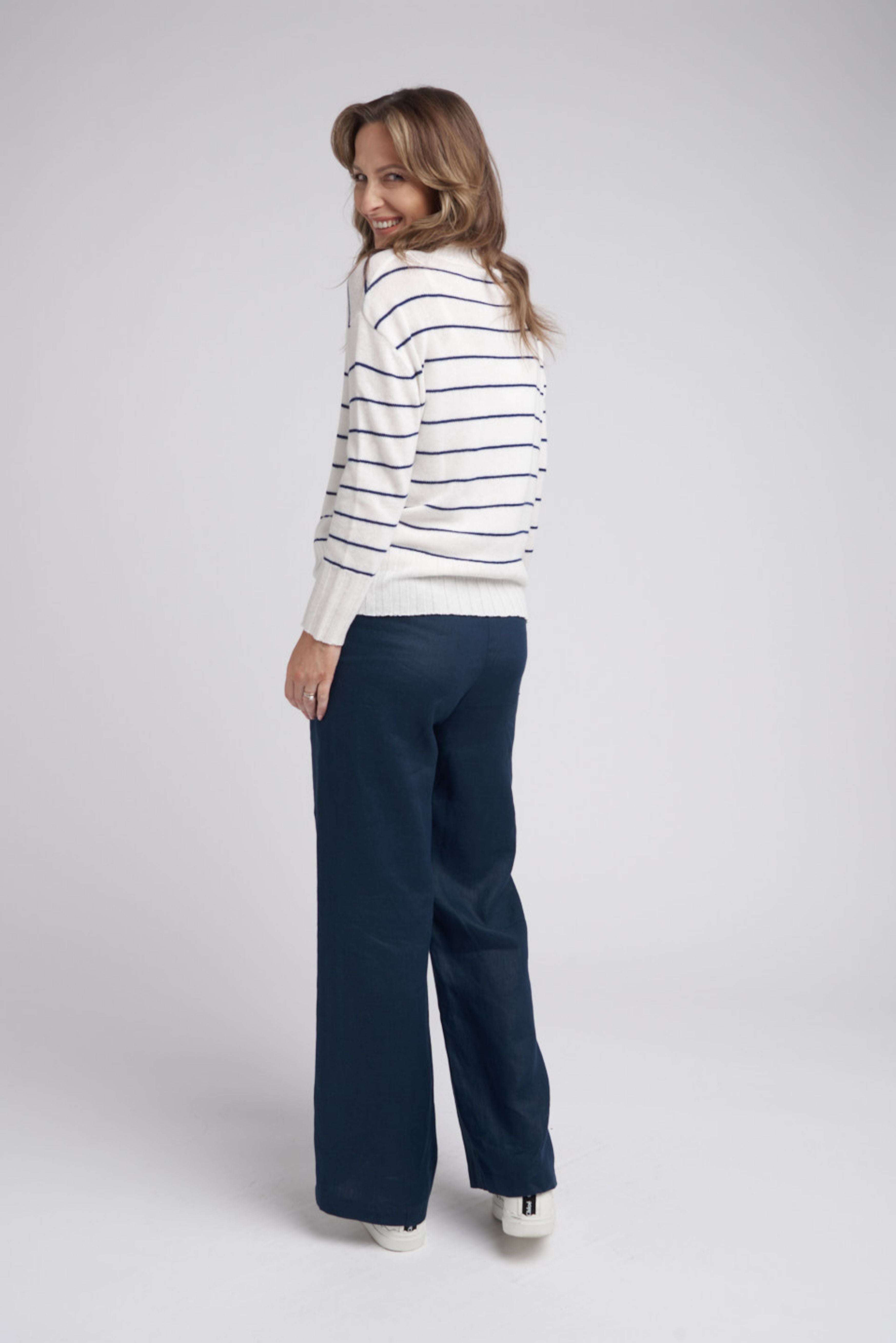 Goondiwindi Cotton Knitwear Turtle Neck Stripe Knit Jumper - Snowflake/Marine