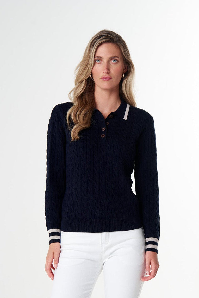 Goondiwindi Cotton Knitwear Merino Cotton Cable Knit Polo - Navy/Cobweb