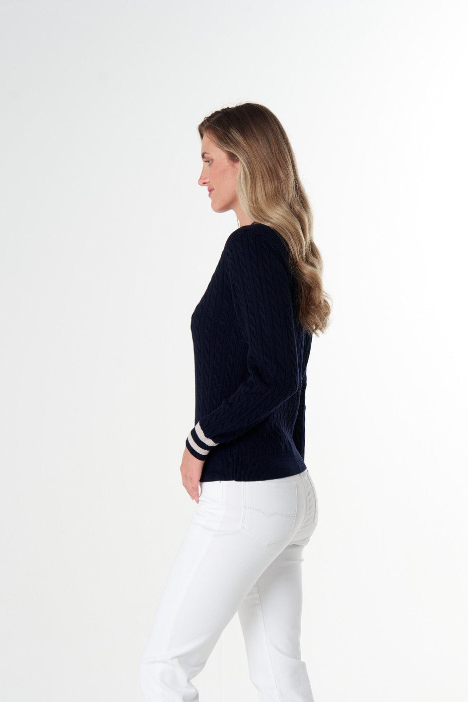 Goondiwindi Cotton Knitwear Merino Cotton Cable Knit Polo - Navy/Cobweb