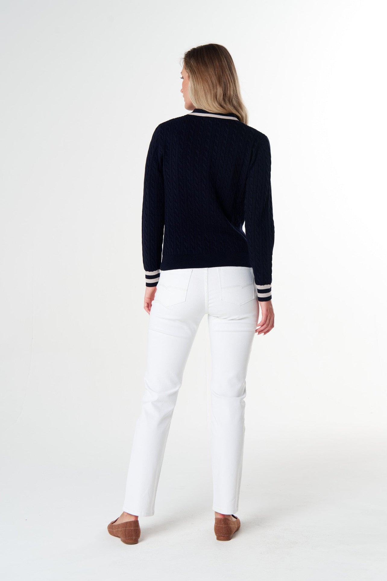 Goondiwindi Cotton Knitwear Merino Cotton Cable Knit Polo - Navy/Cobweb