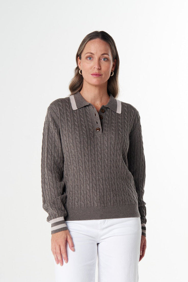Goondiwindi Cotton Knitwear Merino Cotton Cable Knit Polo - Squirrel/Cobweb