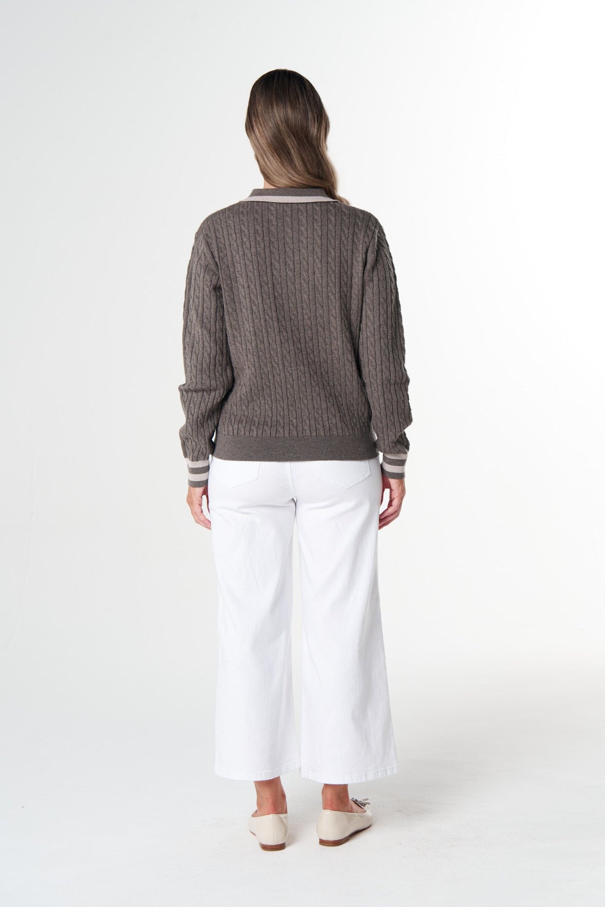 Goondiwindi Cotton Knitwear Merino Cotton Cable Knit Polo - Squirrel/Cobweb
