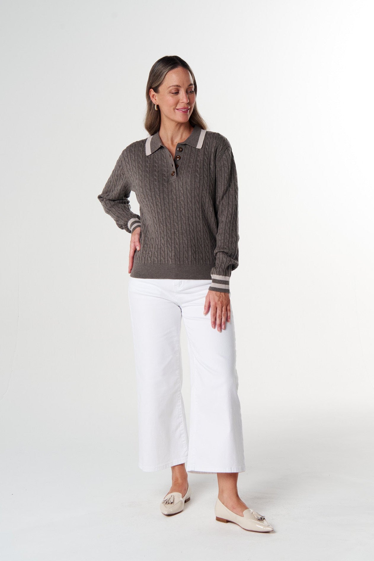 Goondiwindi Cotton Knitwear Merino Cotton Cable Knit Polo - Squirrel/Cobweb