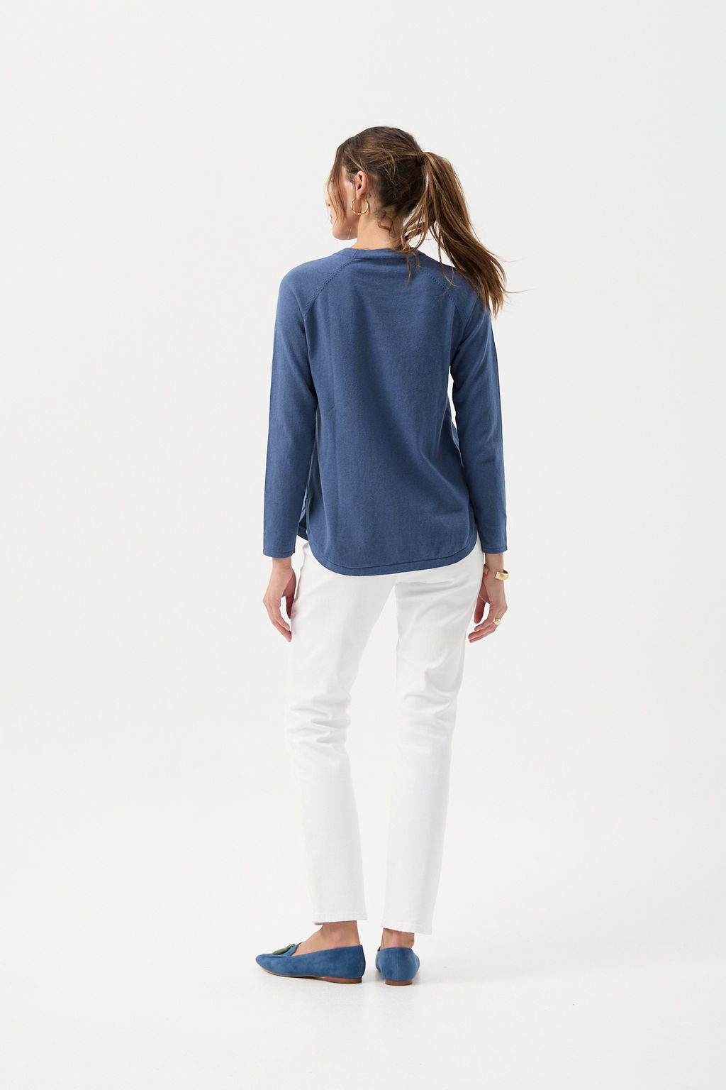 Cotton Cashmere Raglan Crew Neck Jumper - Clean Denim by Goondiwindi Cotton. Timeless women’s fashion using natural fibres and classic shapes