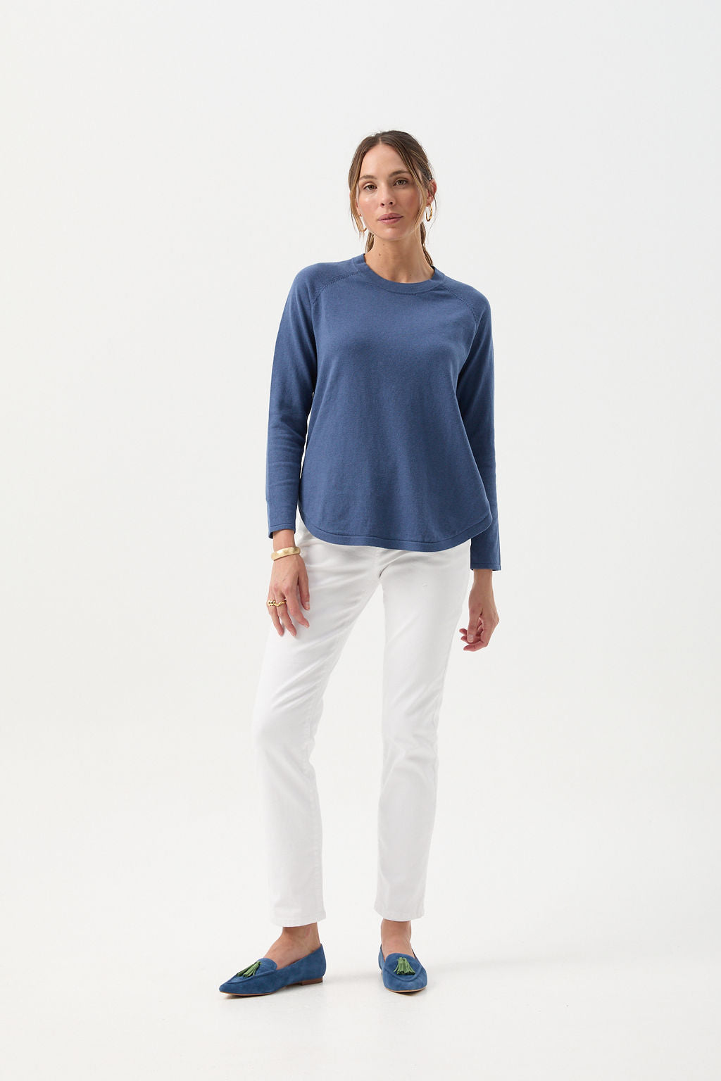 Cotton Cashmere Raglan Crew Neck Jumper - Clean Denim by Goondiwindi Cotton. Timeless women’s fashion using natural fibres and classic shapes