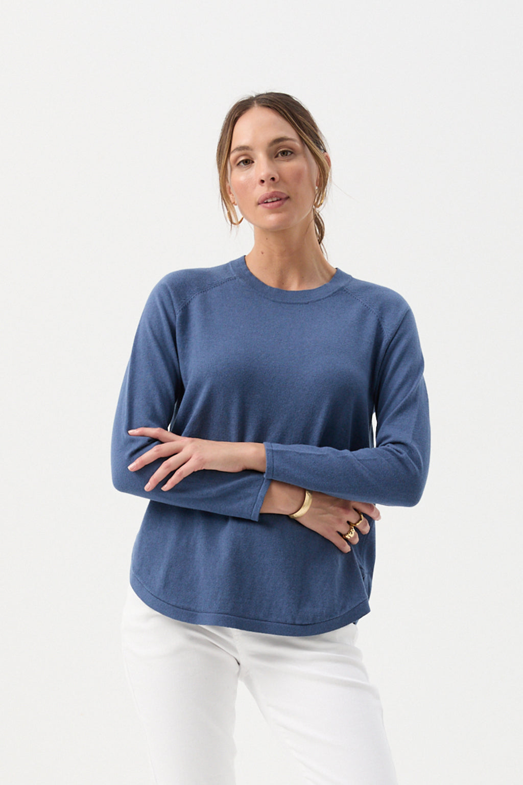 Cotton Cashmere Raglan Crew Neck Jumper - Clean Denim by Goondiwindi Cotton. Timeless women’s fashion using natural fibres and classic shapes