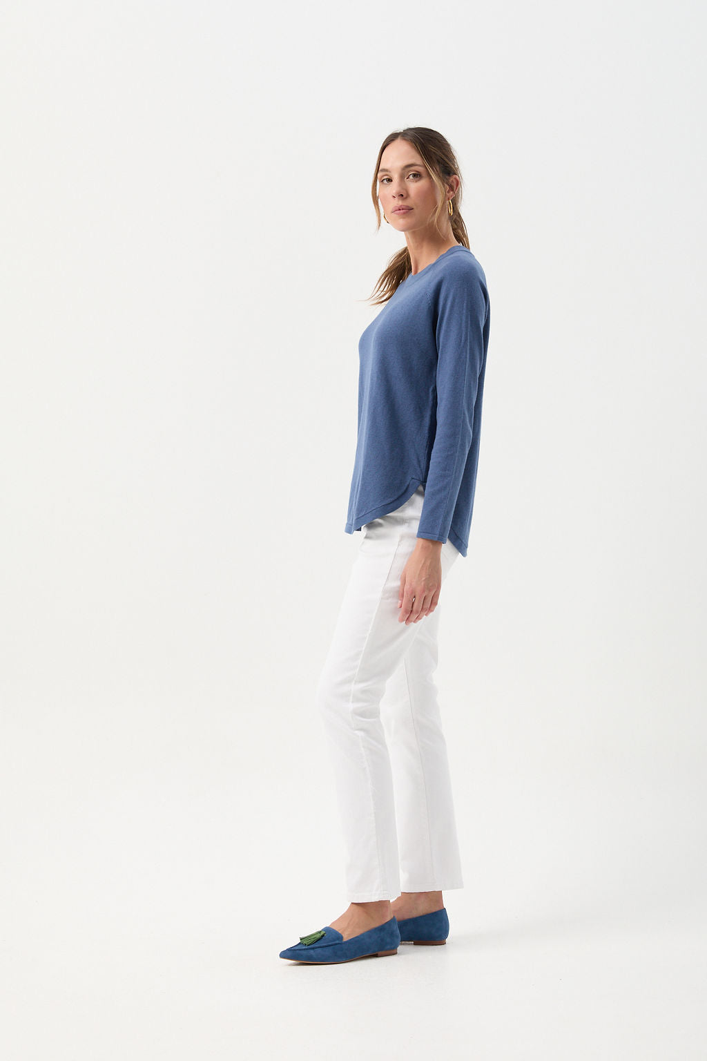 Cotton Cashmere Raglan Crew Neck Jumper - Clean Denim by Goondiwindi Cotton. Timeless women’s fashion using natural fibres and classic shapes