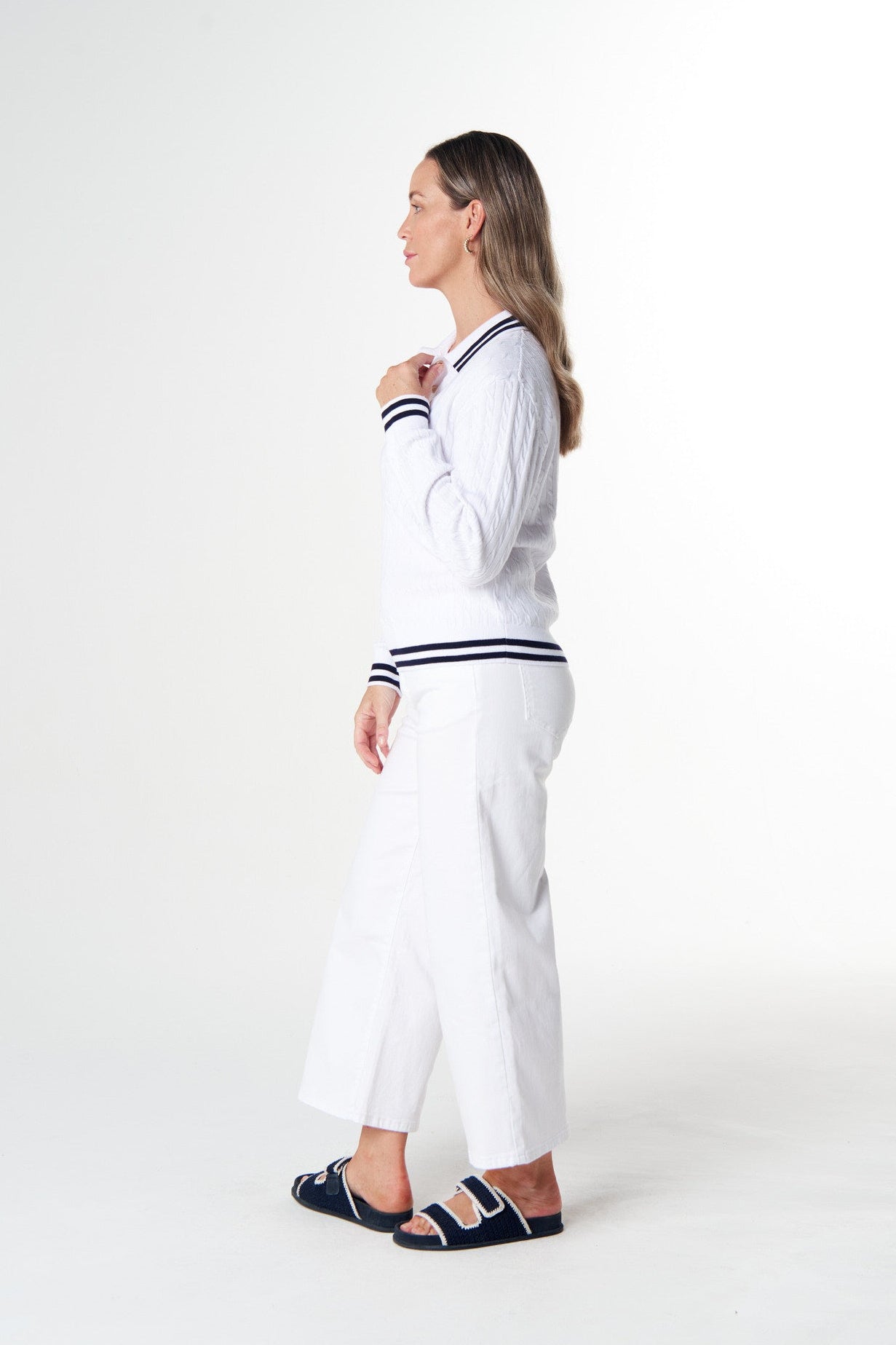 Goondiwindi Cotton Knitwear Marine Cotton Cable Knit Polo - White/Navy