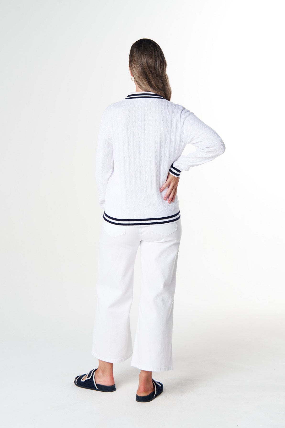 Goondiwindi Cotton Knitwear Marine Cotton Cable Knit Polo - White/Navy