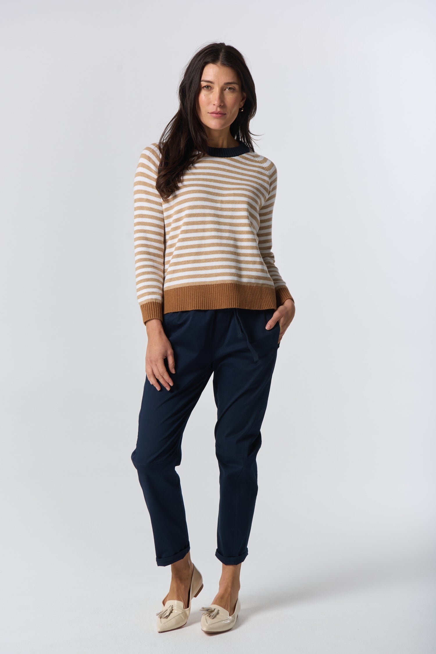 Farmer Cotton Cashmere Jumper - Cornsilk/Laser White by Goondiwindi Cotton. Timeless women’s fashion using natural fibres and classic shapes