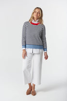 Farmer Cotton Cashmere Jumper - Navy/Laser White by Goondiwindi Cotton. Timeless women’s fashion using natural fibres and classic shapes