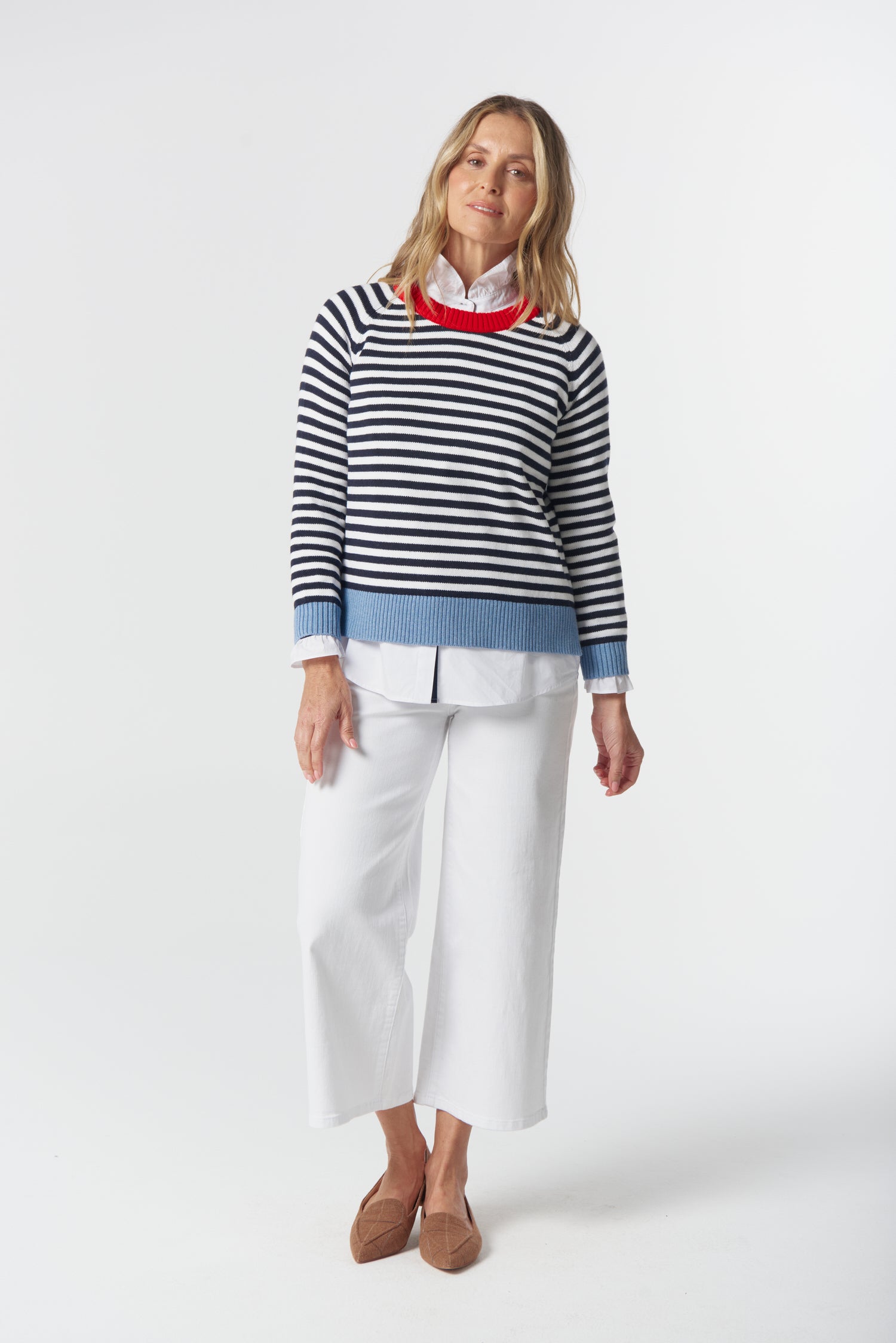 Farmer Cotton Cashmere Jumper - Navy/Laser White by Goondiwindi Cotton. Timeless women’s fashion using natural fibres and classic shapes