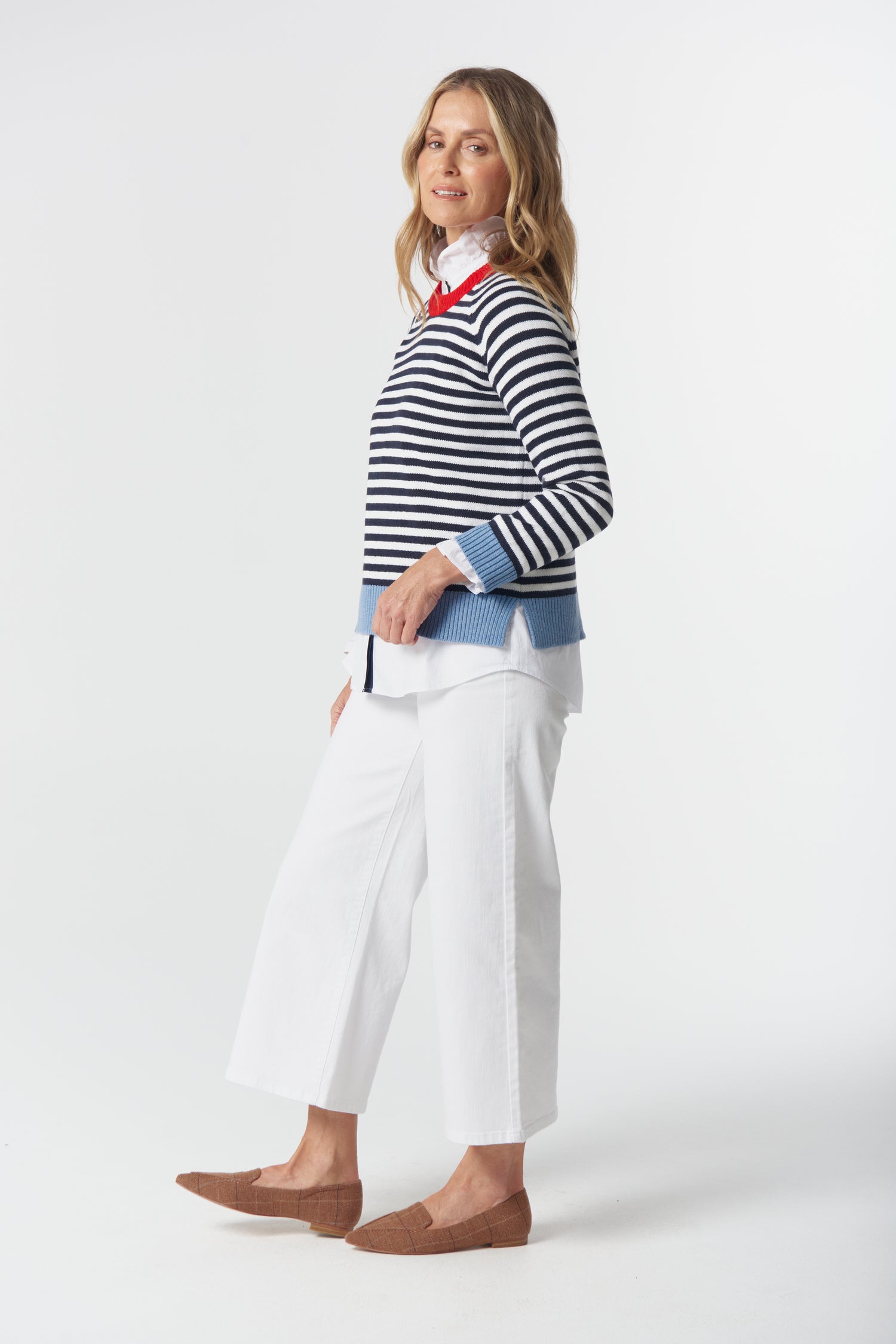 Farmer Cotton Cashmere Jumper - Navy/Laser White by Goondiwindi Cotton. Timeless women’s fashion using natural fibres and classic shapes