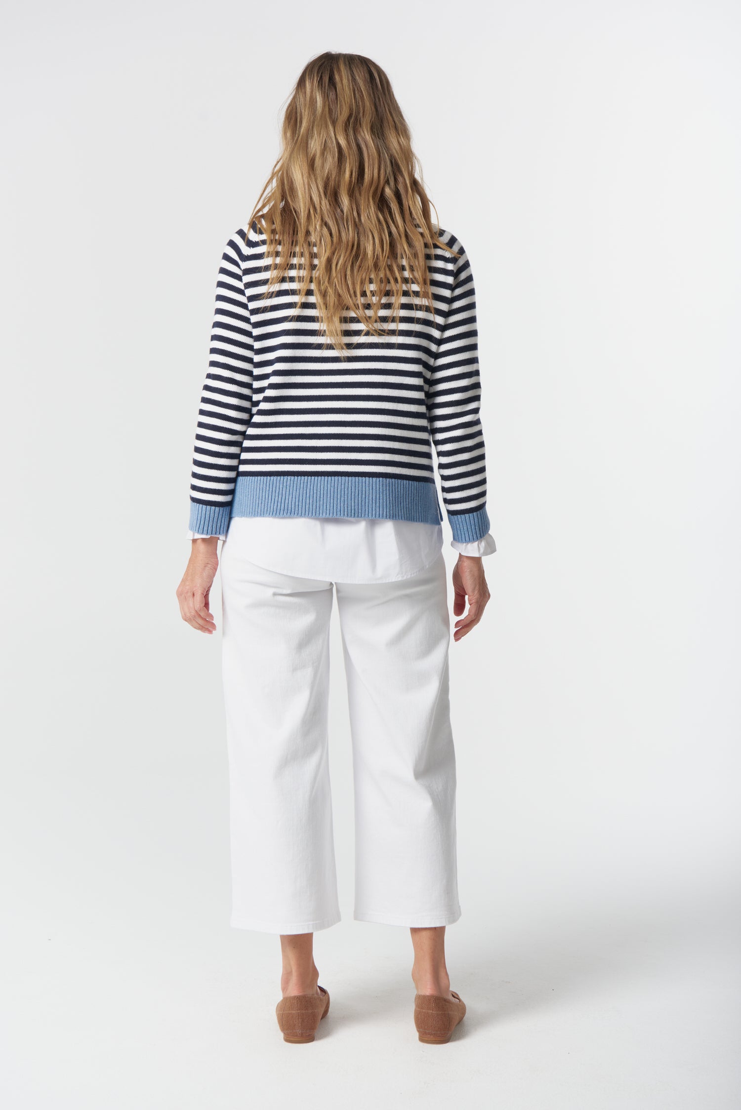 Farmer Cotton Cashmere Jumper - Navy/Laser White by Goondiwindi Cotton. Timeless women’s fashion using natural fibres and classic shapes