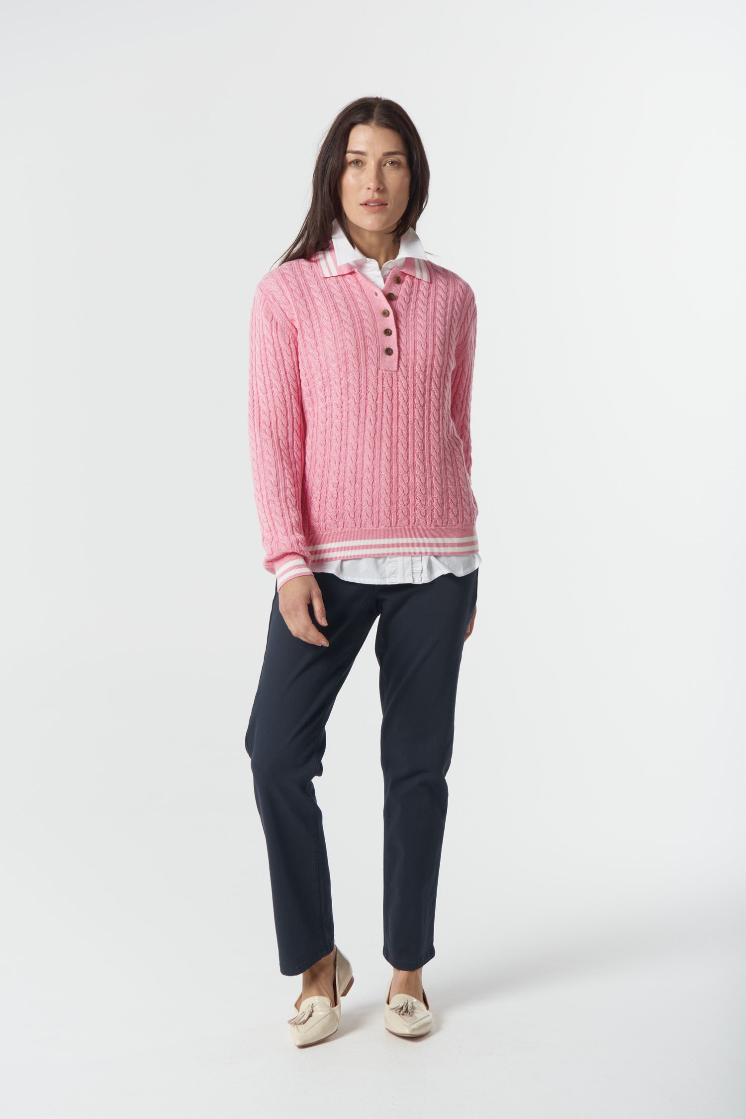 Goondiwindi Cotton Knitwear Marine Merino Cotton Cable Knit Polo - Fondant Pink/Snow