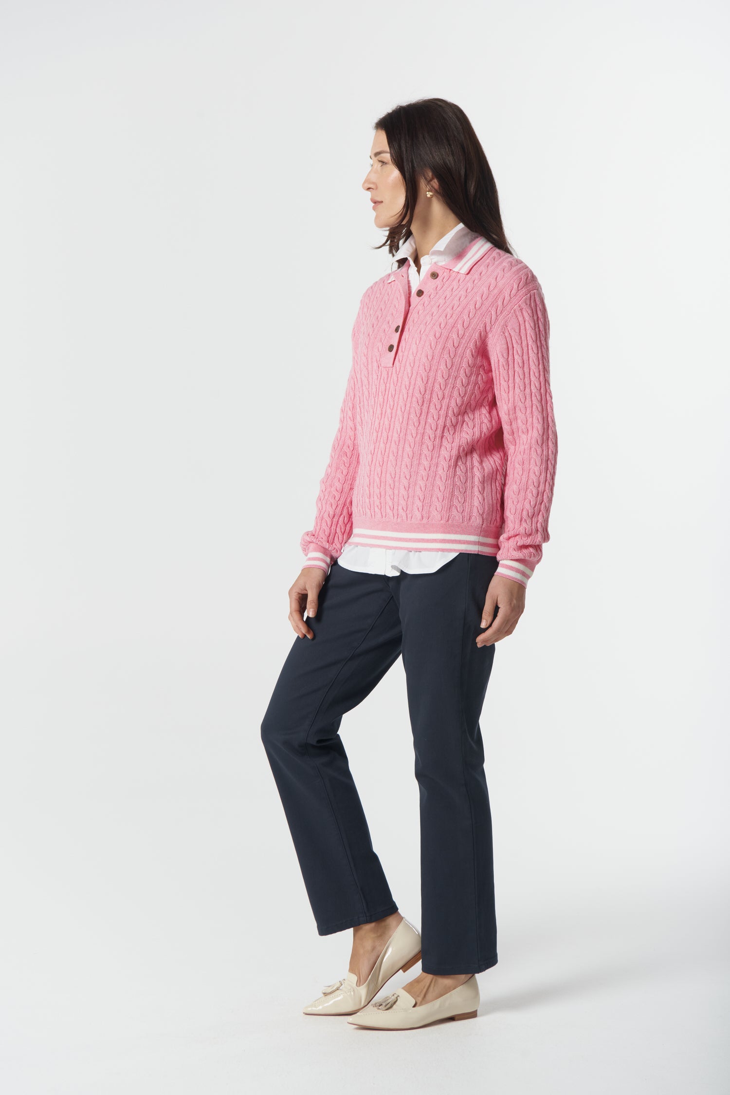 Goondiwindi Cotton Knitwear Marine Merino Cotton Cable Knit Polo - Fondant Pink/Snow