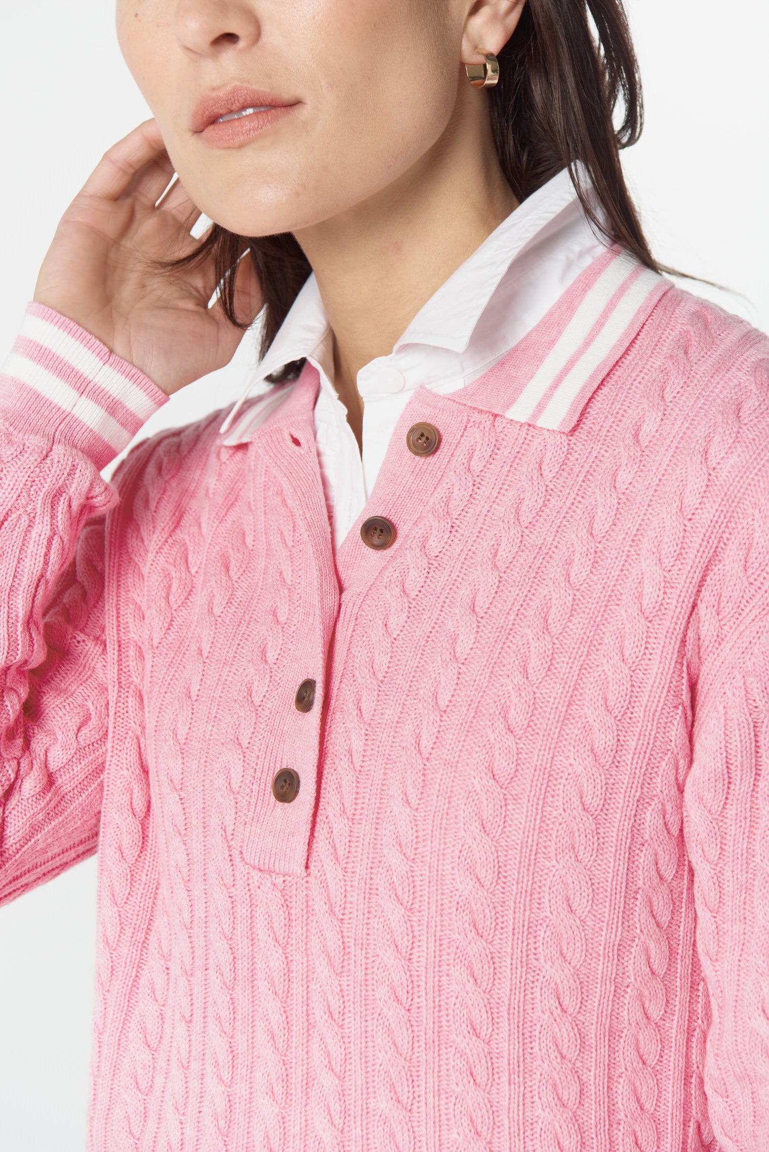 Goondiwindi Cotton Knitwear Marine Merino Cotton Cable Knit Polo - Fondant Pink/Snow