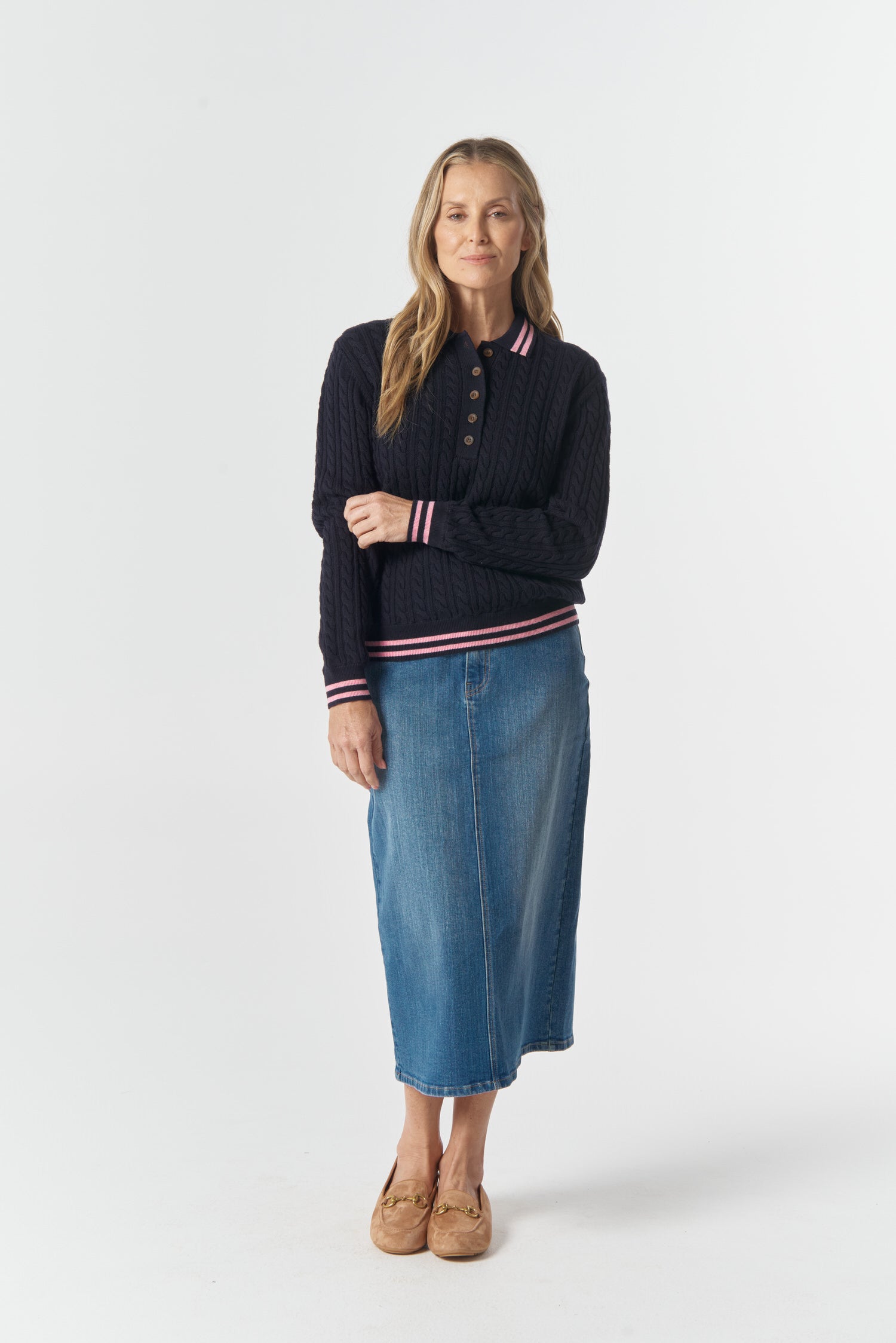 Goondiwindi Cotton Knitwear Marine Merino Cotton Cable Knit Polo - Navy/Fondant Pink